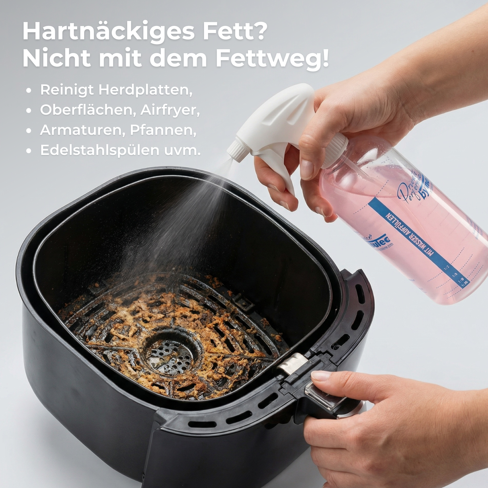 Fettweg Anwendung mit Dosierflasche an Heissluftfriteuse
