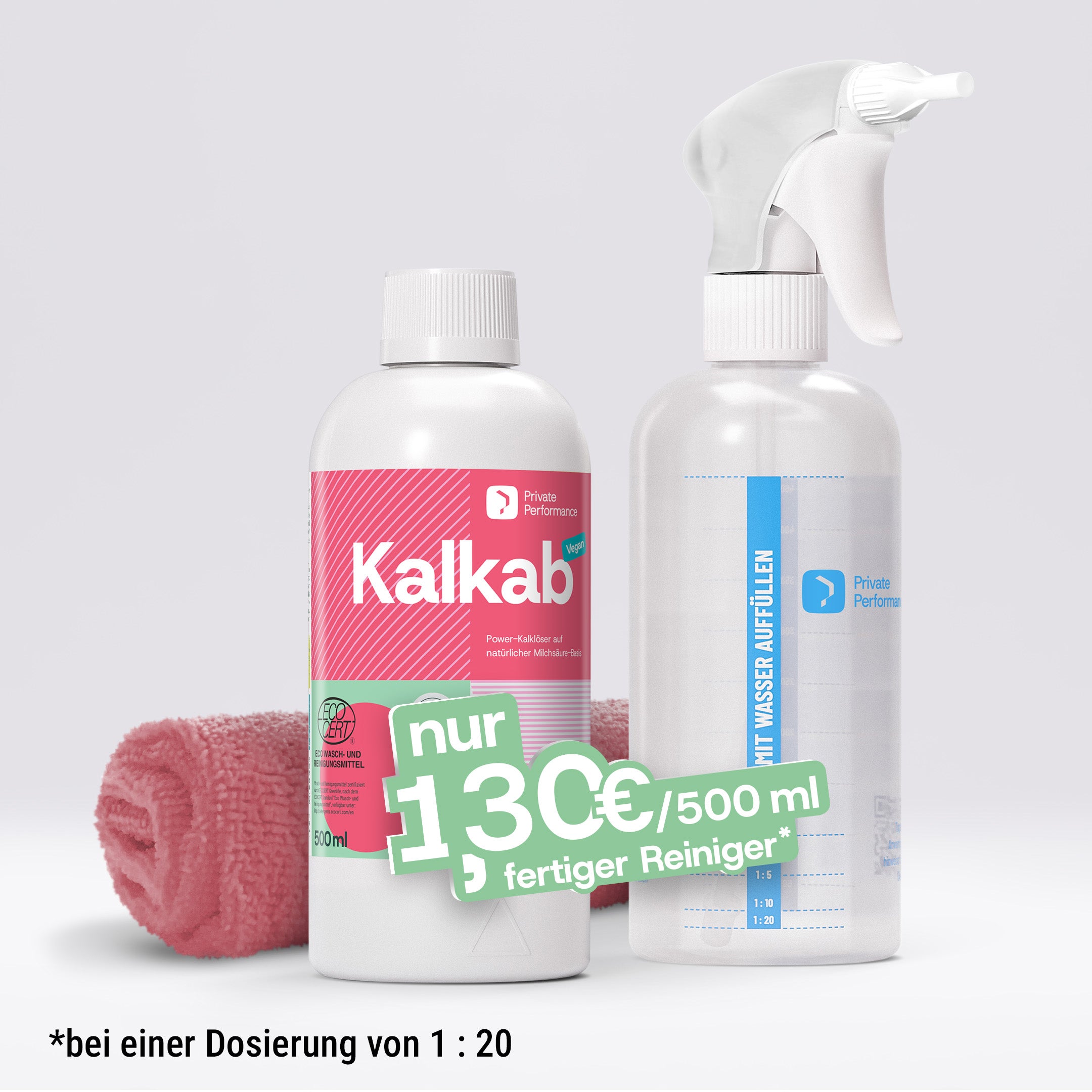 Kalkab Sparset mit Sprühflasche & Mikrofasertuch – Nachhaltiger Kalklöser für Bad & Sanitär | Kraftvoll gegen Kalk & einfach in der Anwendung