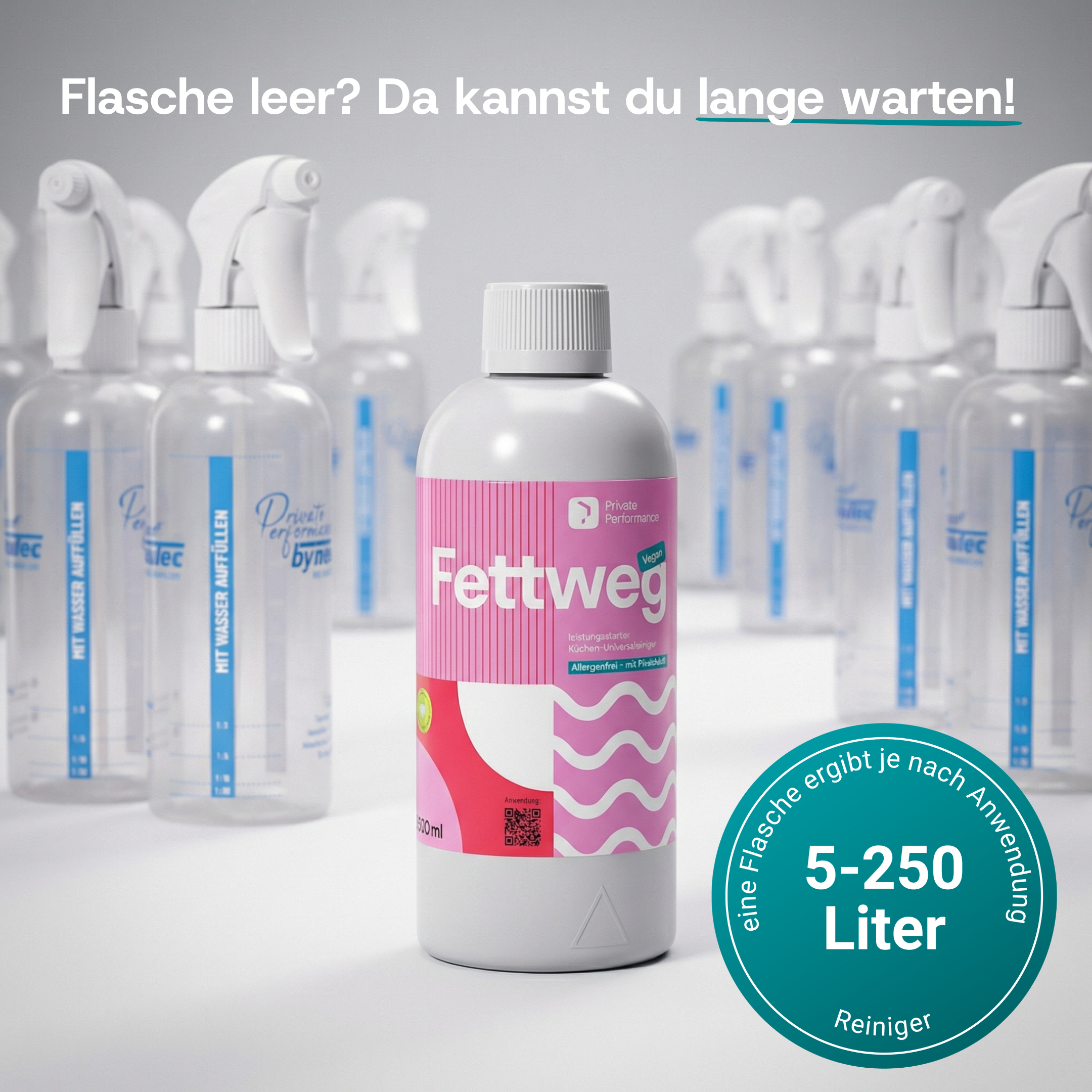 Fettweg umgeben von Dosierflaschen 5-250 Liter Reiniger