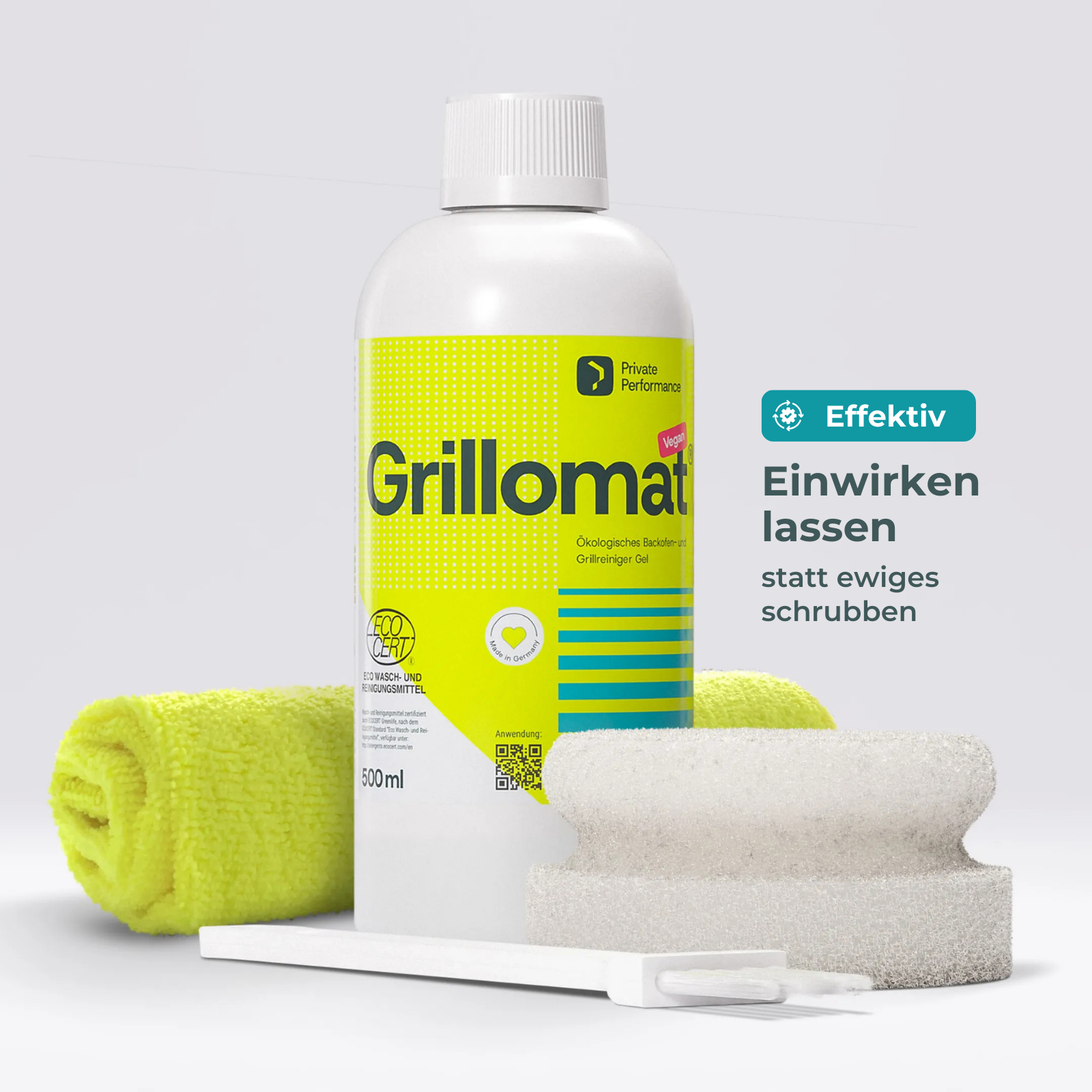 Grillomat Set mit Pinsel und Schwamm und Mikrofasertuch Einwirken lassen