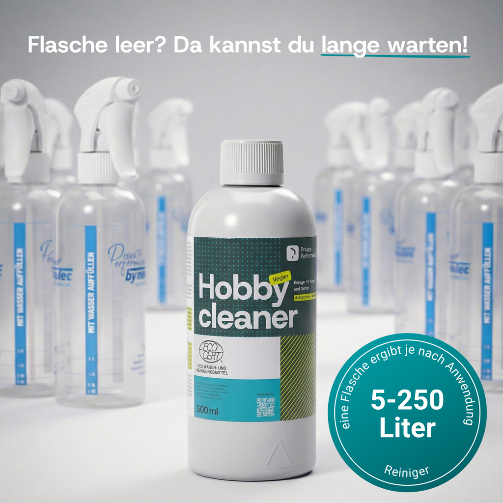Hobbycleaner umgeben von Dosierflaschen ergibt 5-250 Liter