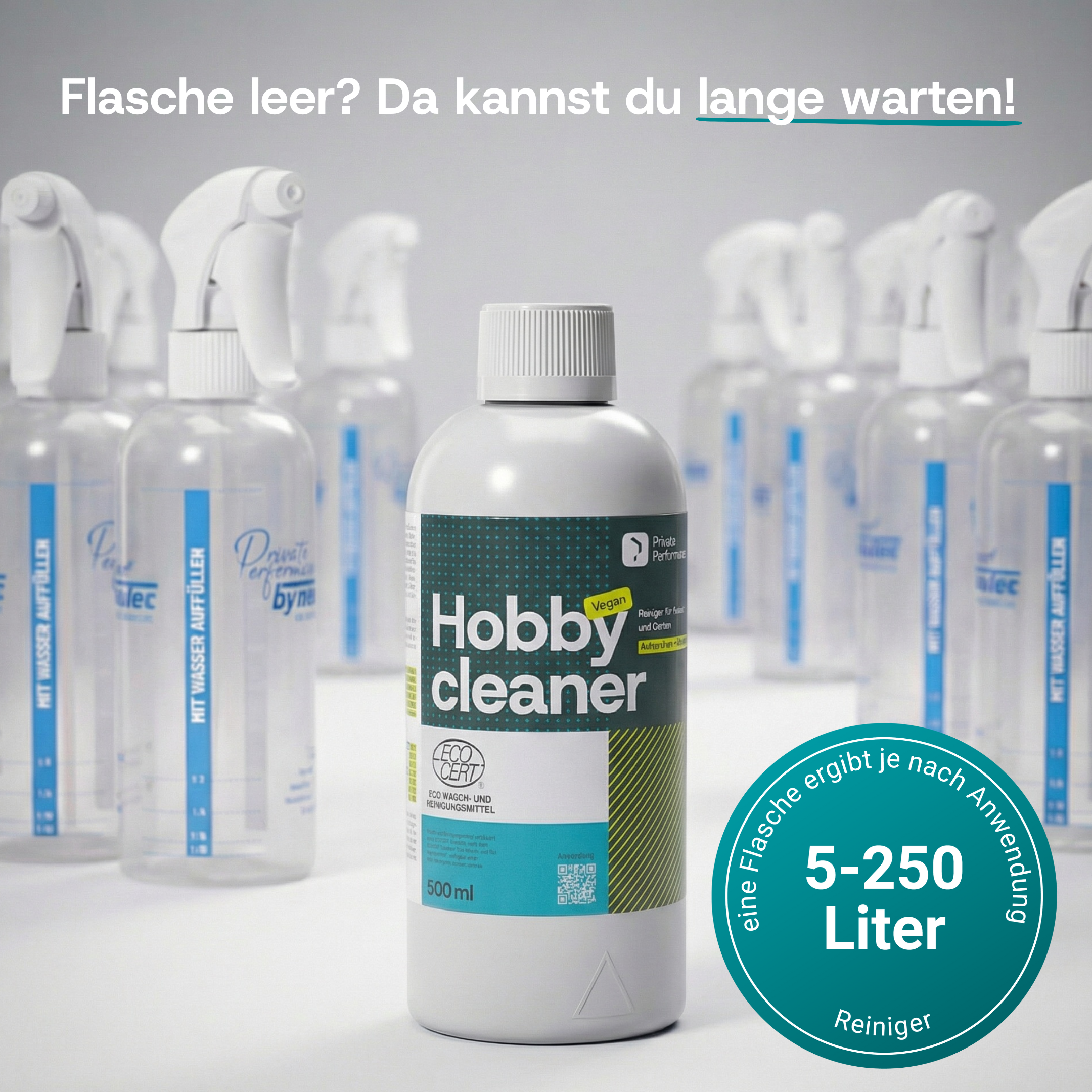 Hobbycleaner umgeben von Dosierflaschen ergibt 5-250 Liter